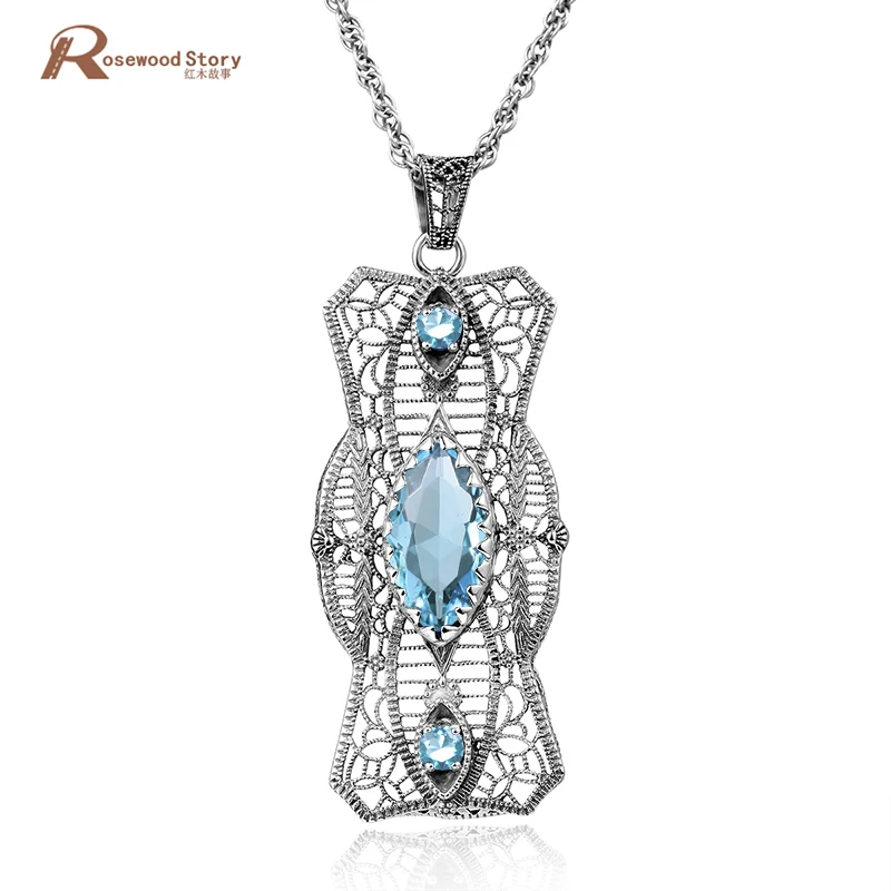 

Luxury Brand Real 925 Sterling Silver Charms Women Pendant Necklace Sky Blue CZ Stone Vintage Fine Jewelry Necklace Wholesale