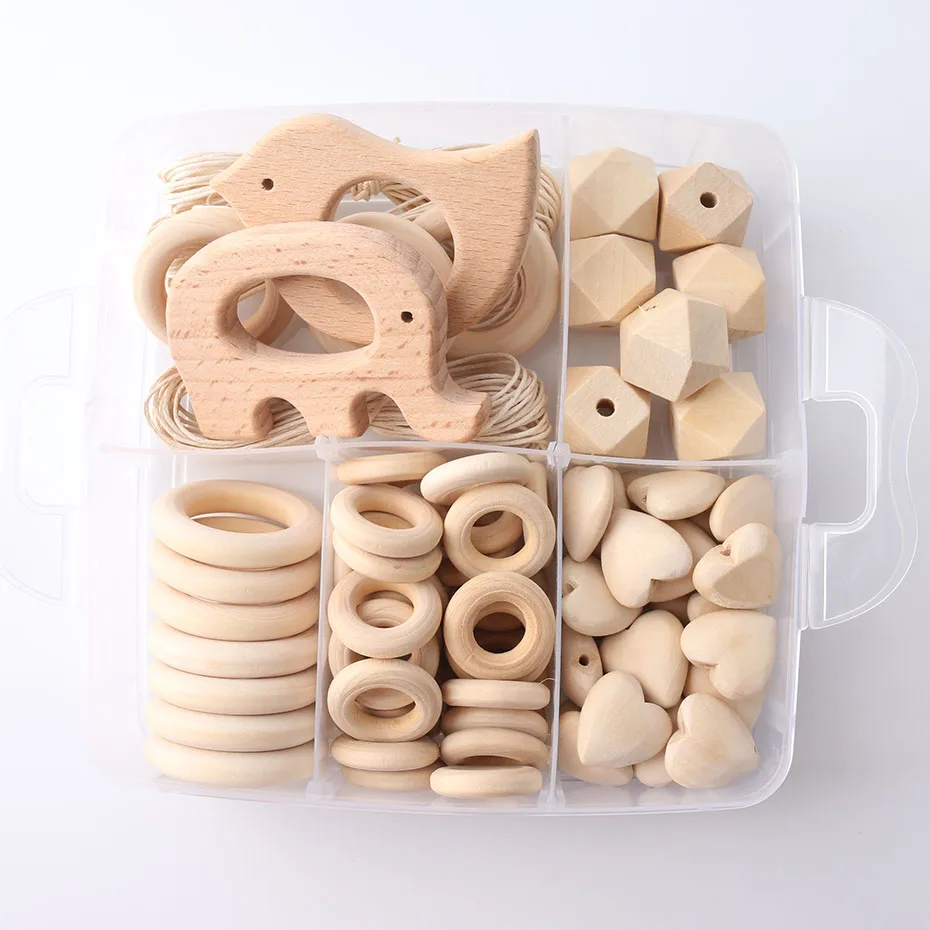 1set Wood Beads Animal Rattle Organic Teething Toys Wooden Toys BPA Free DIY Necklace Bracelet Baby Nursing Accessories