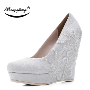 

BaoYaFang 2018 New Fashion Wedding shoes Woman 11cm High heel Wedges Female Party shoes White Flower Shallow Dress shoes Pumps