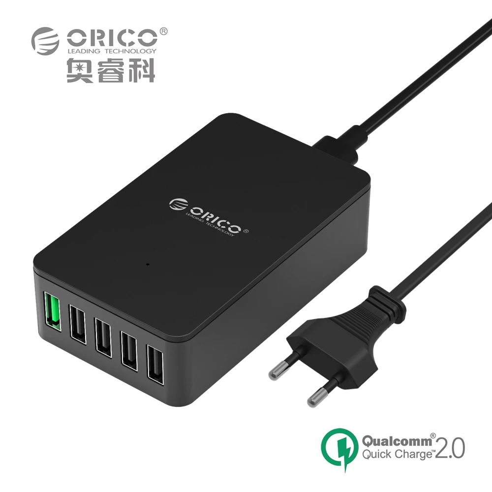 5 Port Quick Charger,ORICO QSE-5U QC2.0 Charger 5V2.4A/9V2A/12V1.5A Desktop USB Charger for Almost Smart Phones EU/US Plug Black