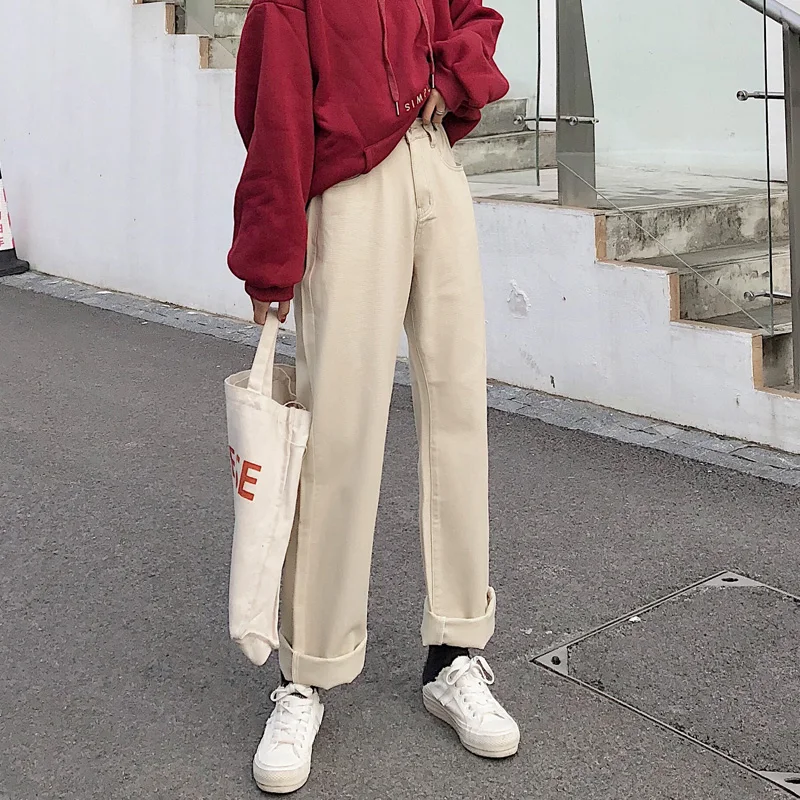 

pure cotton White wide leg jeans ladies spring 2019 new loose straight tube student favorite casual pants
