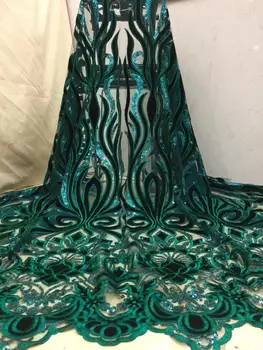 

2019 Latest Style Green High Quality African Velvet Lace Fabric With Sequins Nigerian Lace Fabrics For Wedding Party