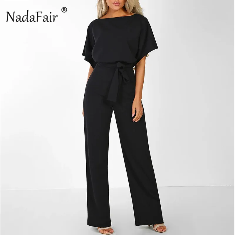 

Nadafair ol style elegant playsuits women short sleeve wide leg long pants rompers 2019 spring summer sash casual trousers