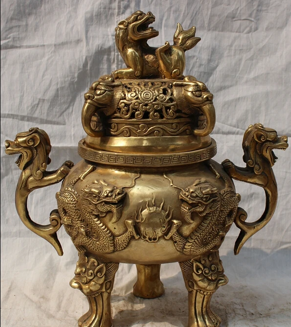 

S5355 14" Folk Tibet Brass Fly Dragon Lion Beast Head Statue Incense Burner Censer D0318