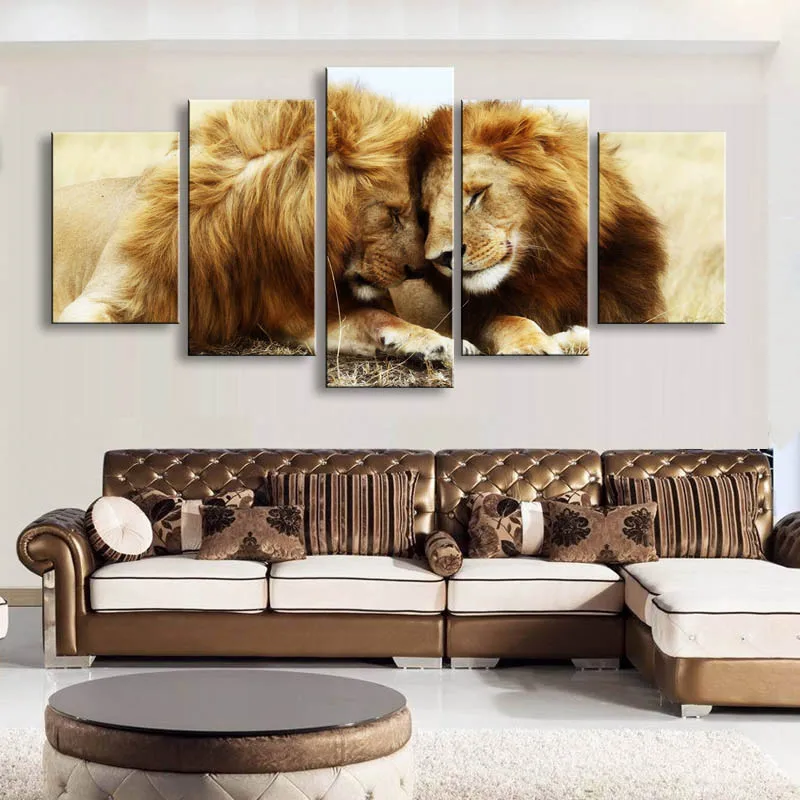 5 pieces high-definition print Animals Lion Group canvas painting poster and wall art living room picture B-053 (3)