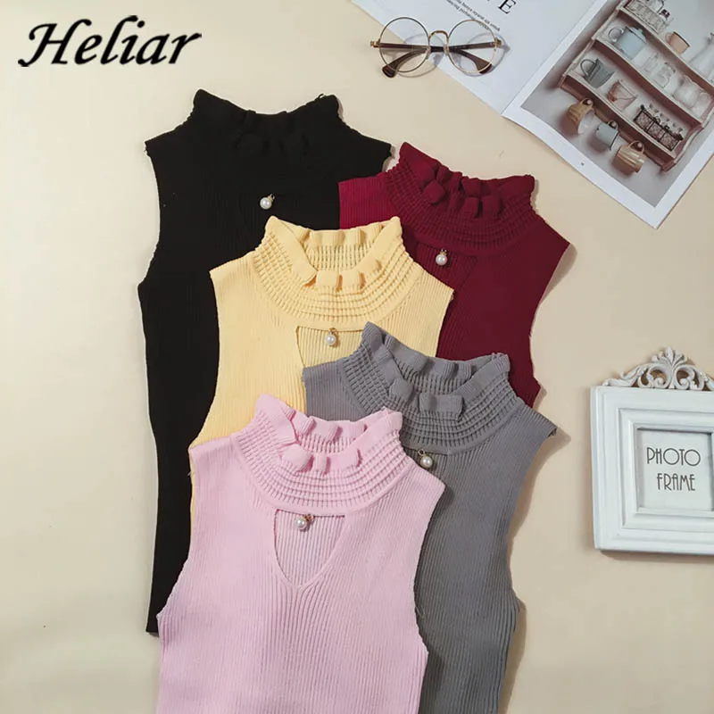 HELIAR 2019 Summer Women Camisole Knitting Turtleneck Elegant Tank Tops Sleeveless Short Tee Shirt Heart Hole Vest With Pearl | Женская