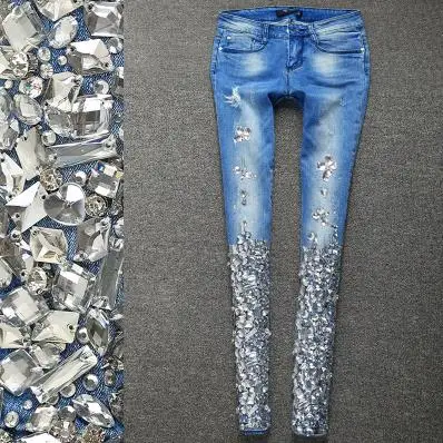 Новое поступление, обтягивающие джинсы с кристаллами и бисером, старинный карандаш, большие размеры - Цвет: blue 1