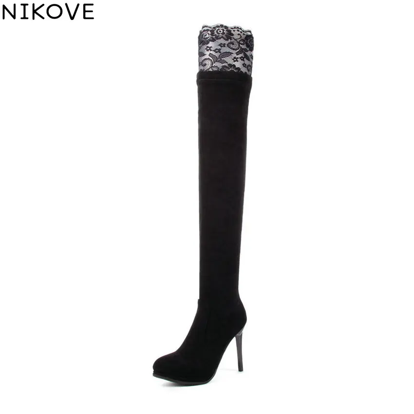 

NIKOVE 2019 Women Boots Lace Thin High Heels Zipper Winter Shoes Look Slim Over The Knee Boots Autumn Shoes Woman Size 34-43