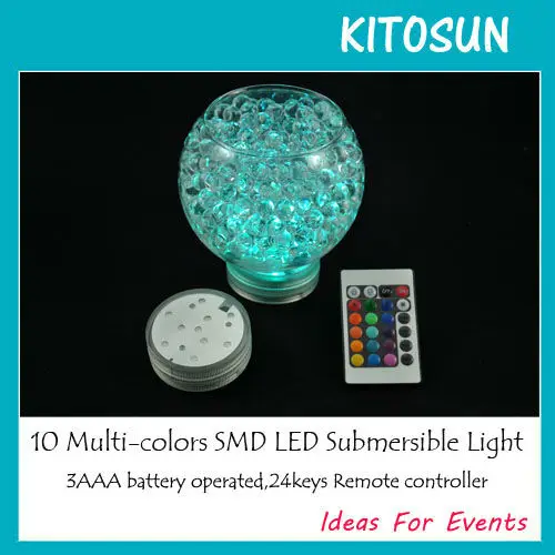 

4pcs/pack 2.8inch Submersible led light, 10 Multi Color led bulbs, Remote Control , 3AA battery operated