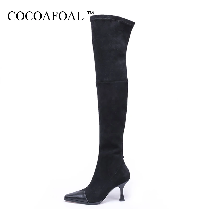 

COCOAFOAL Fashion Genuine Leather Over The Knee Boots Winter Pointed Toe Chelsea Thigh High Boots Women Black High Heeled Shoes