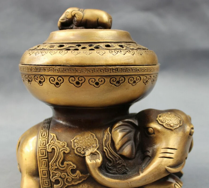 

USPS to USA S1399 6" Folk Chinese Bronze RuYi Elephant Heffalump Statue Box Incense Burner Censer B0401