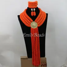 Большой для вечеринки в африканском стиле комплект ювелирных изделий Оранжевый нигерийской свадьбы Африканский Кристалл Бусины Свадебные Цепочки и ожерелья комплект ювелирных изделий aij355