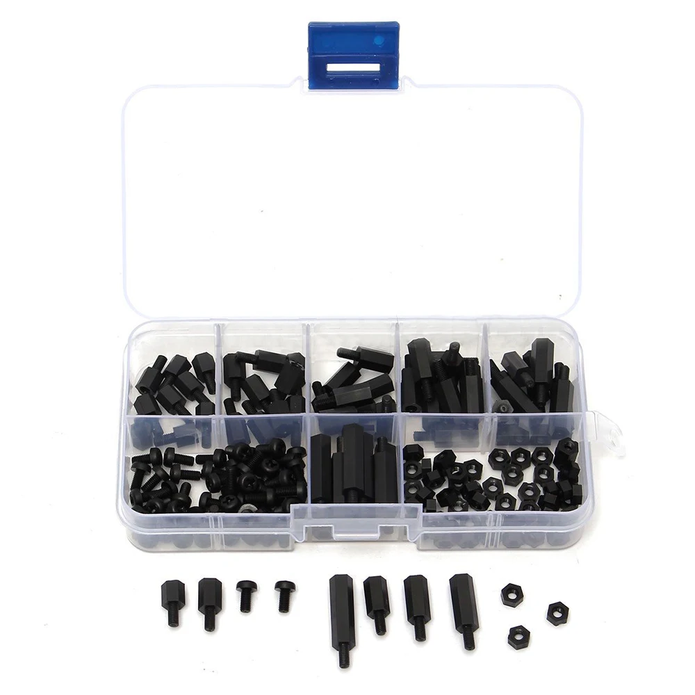 

CNIM Hot 180Pcs Black Nylon M3 Hex Column Male-Female Standoff Spacers Screw Nut Kit Box
