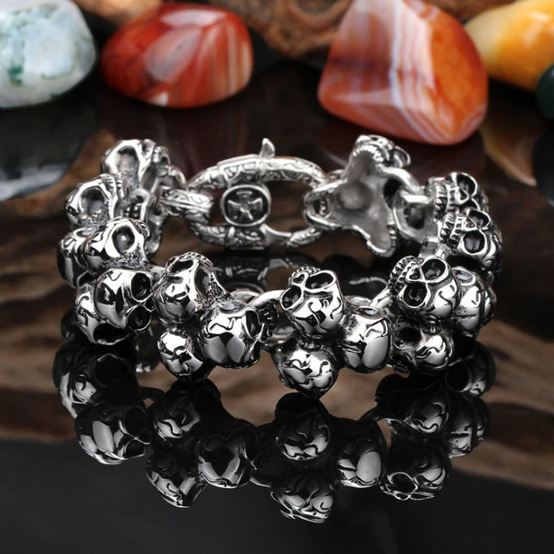 Solid Stainless Steel Death Head Bracelet Men Skull Gothic Bikers