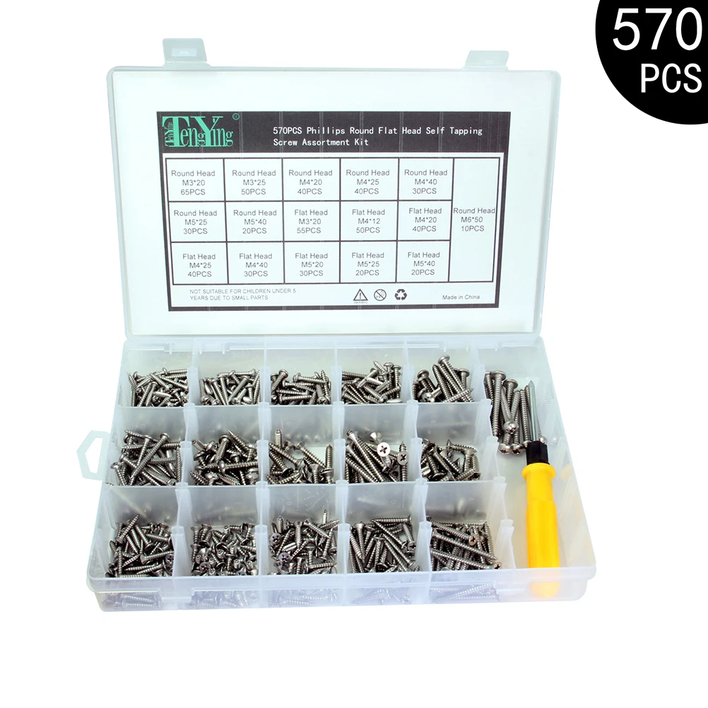 

570 Screw Kit M3 M4 M5 M6 Round Flat Head Self Tapping Stainless Steel Screw Set Assortment Kit with Screwdriver