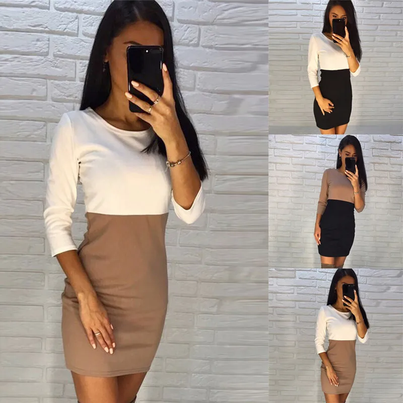 Women Color Block Dress Casual O Neck Bodycon Dress Contrast Color Stitching Seven-Point Sleeves Slim Slimming Casual Dress