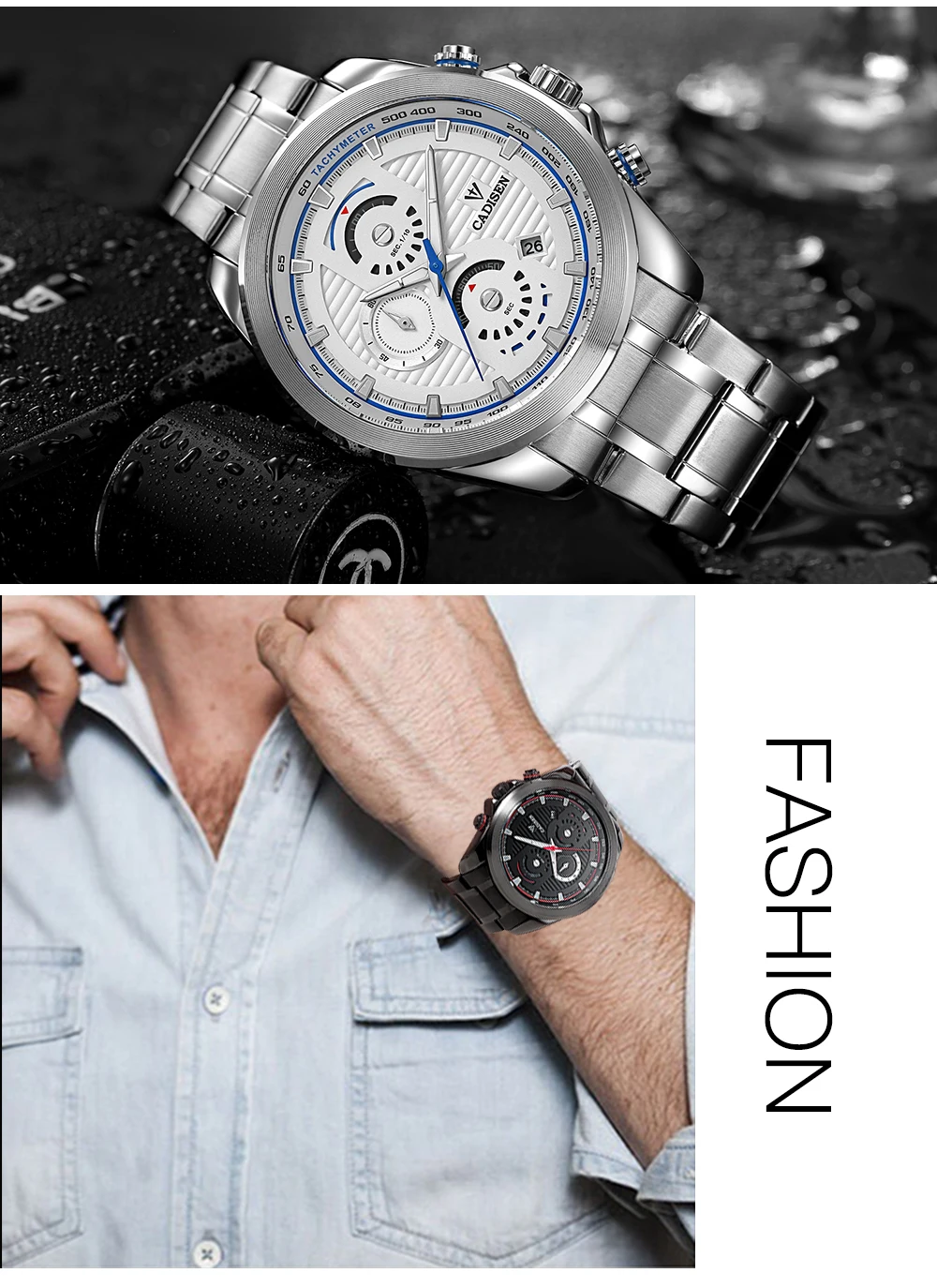 Cadisen модные повседневные мужские кварцевые часы с хронографом аналоговые наручные часы с ремешком из нержавеющей стали черные CS9051-1