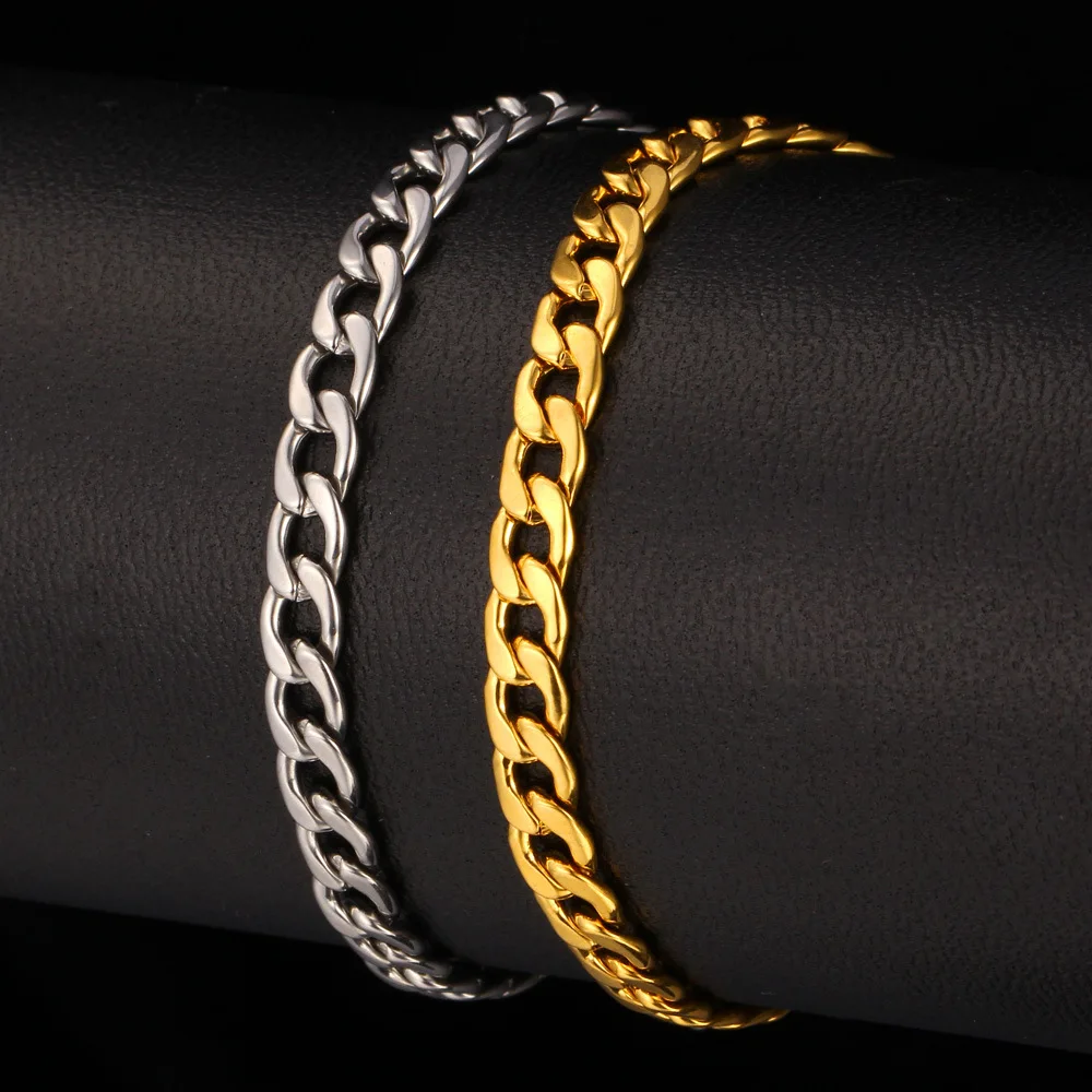 U7 браслет мужские украшения HipHop золотой цвет нержавеющая сталь 21 см 5 мм кубинский панцирный браслет-цепочка, H647