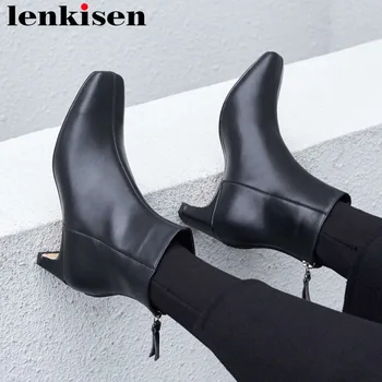 

2019 british style office lady handmade natural leather med strange heels zipper classic square toe solid runway ankle boots L13