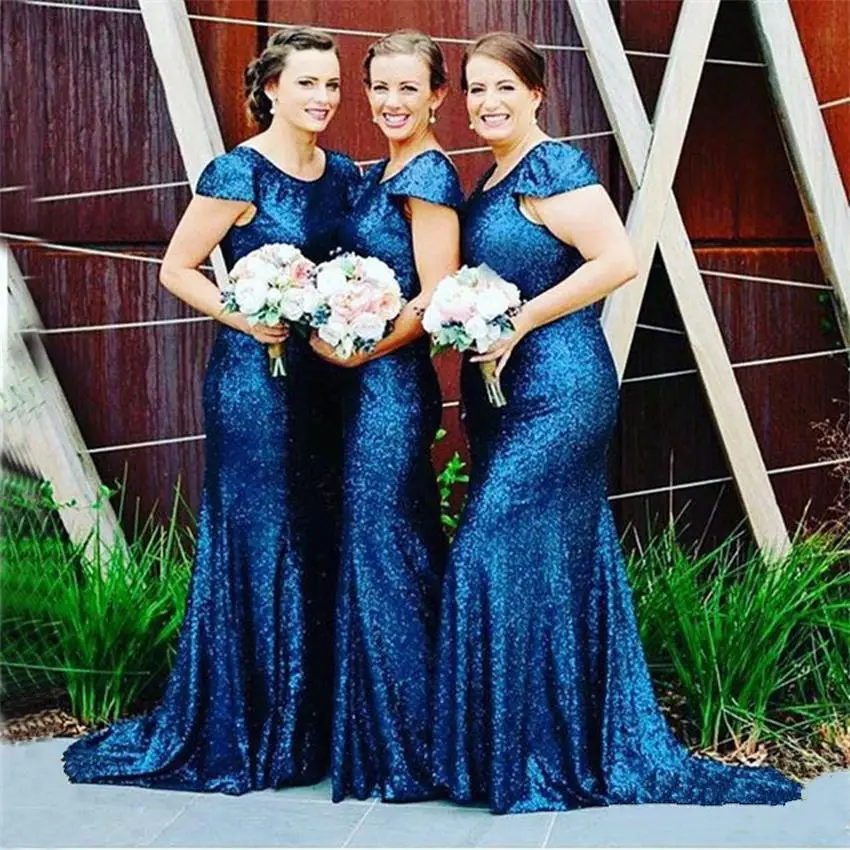 Синее платье подружки невесты с пайетками короткий рукав одежда длиной до пола 2020 Новая мода с рукавами-крылышками свадебные платья