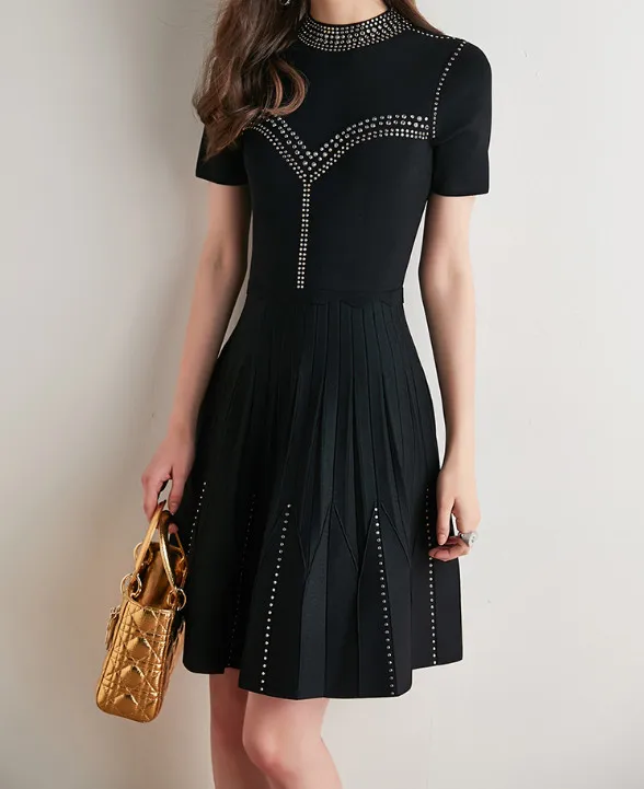 

Women Rivet Black Dress Patchwork Short Sleeve Autumn Slim Mini Pleated Knitted Dress