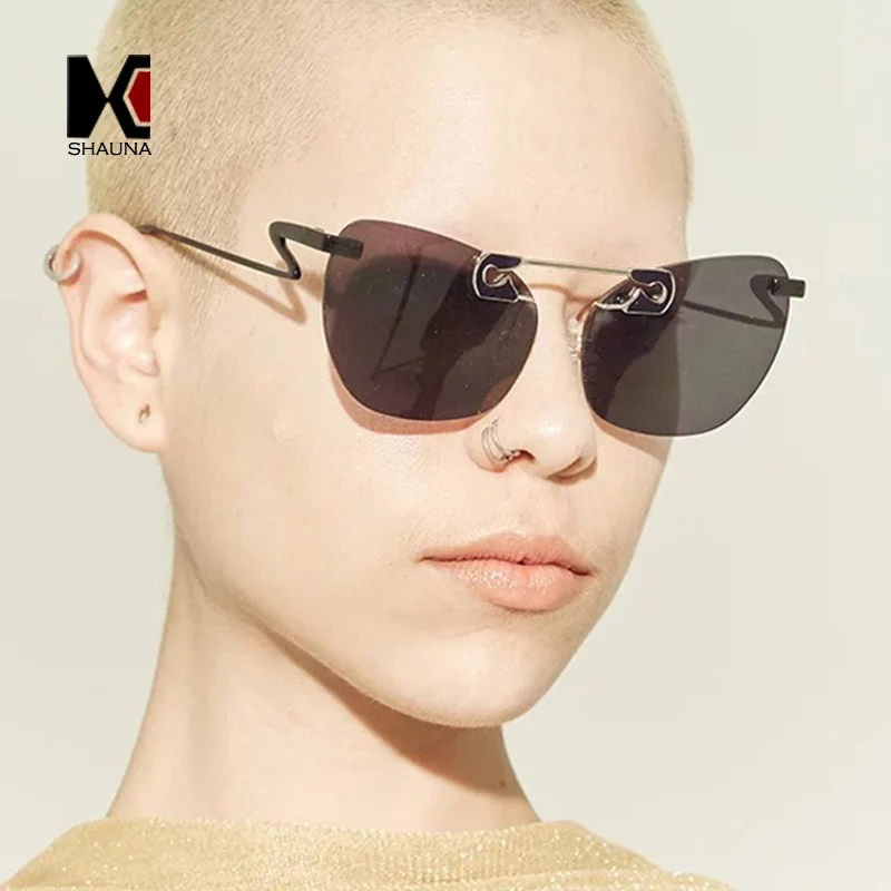 

SHAUNA Unique Pin Sharp Bridge Women Rimless Cat Eye Sunglasses Fashion Men Transparent Red Lens Shades UV400