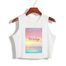 С красивым принтом Для женщин укороченный топ лето тонкая рубашка для леди майка футболка Hipster белый Ен Прямая поставка tz203-56