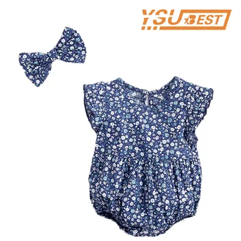 

New 2019 Baby Girls Broken Flowers Rompers + Hair Band Baby Girl Clothes Baby Cotton Rompers Vintage style Newborn Girls Clothes