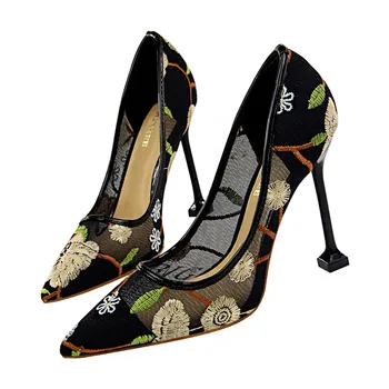 

Nice Summer Single Shoes Shallow Mouth Pointed Toe High-Heeled Shoes Thin Heels Women Pumps Embroider Net Yarn high-heeled