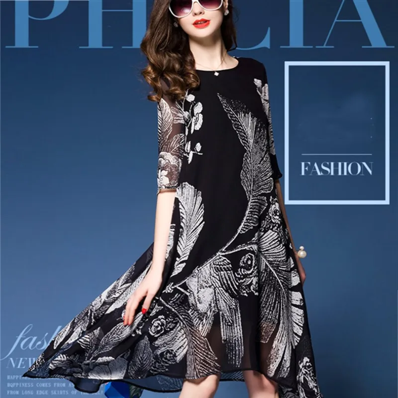 Printemps été femme imprimé imitation soie demi manches une pièce robe femmes mode lâche Expansion moyenne-longue robe M-3XL