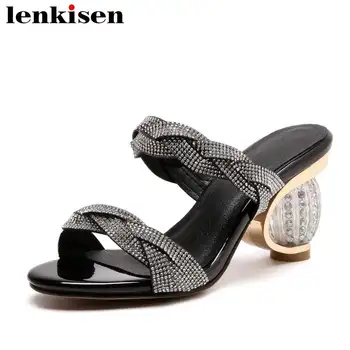 

Lenkisen large size beading mules peep toe bling weave microfiber med crystal heels sandals wedding women cozy casual shoes L0f2