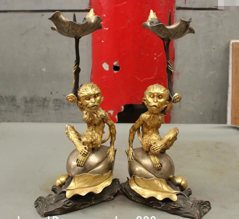 

S01083 13" Chinese Royal 24K Gold Bronze Monkey Statue Candle Holder Candlestick Pair (B0413)