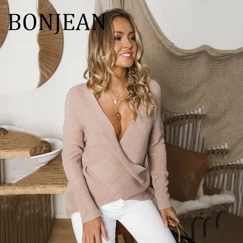 

BONJEAN 2019 Autumn Tops Long Sleeve Knitted Sweaters and Pullovers for Women's Clothing V-Neck Short Beige Sweaters BJ1386