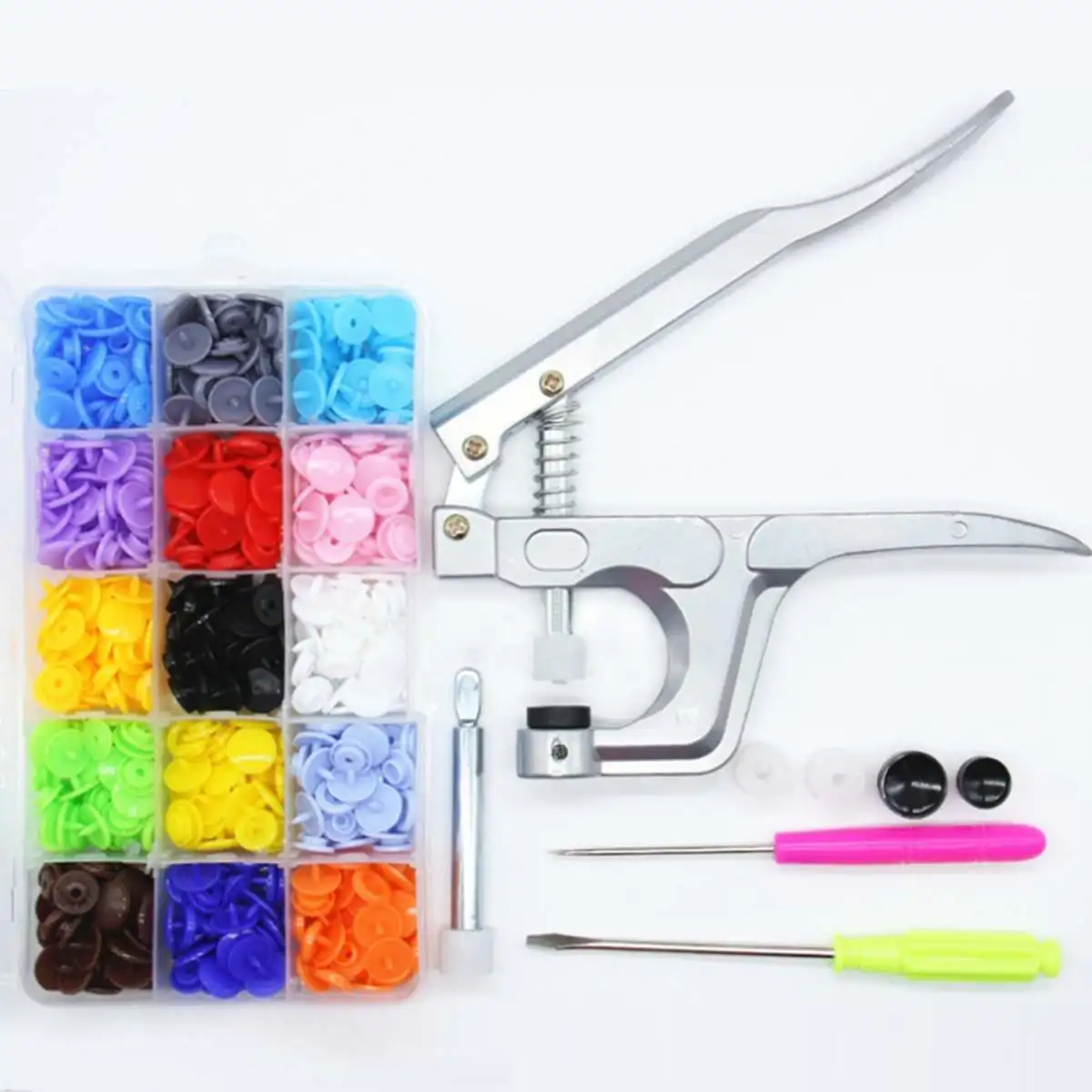

150Set 15 colors DIY Clothes T5 Plastic Fasteners Snap Resin Press Stud Cloth Tool Hand Pressure Plier Kit with Box