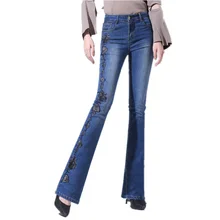 Вышитые роговые Джинсы женские осенние и зимние новые бархатные утепленные брюки с высокой талией вышитые микро брюки