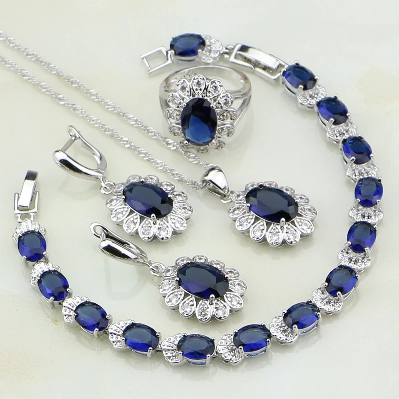 

925 Sterling Silver Jewelry Blue Cubic Zirconia White Crystal Jewelry Sets For Women Gift Earring/Pendant/Necklace/Bracelet/Ring