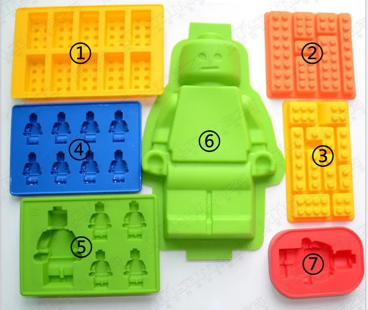

7pcs different Silicone Lego Brick & Robot shape Silicone Fandont Chocolate Mold Ice Cube Ice Trays Baking Pan Fondant