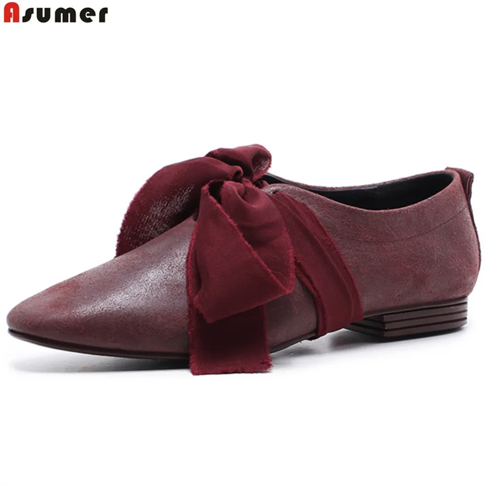 

Asumer wine red fashion spring autumn ladies flat shoes square toe cross tied brogue shoes casual women genuine leather flats