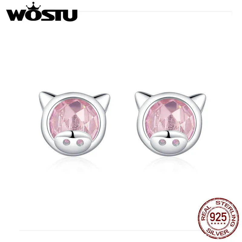 

WOSTU Pink Crystal Piggy Stud Earrings 100% 925 Sterling Silver Small Earrings For Women Wedding Fashion Silver Jewelry CTE149
