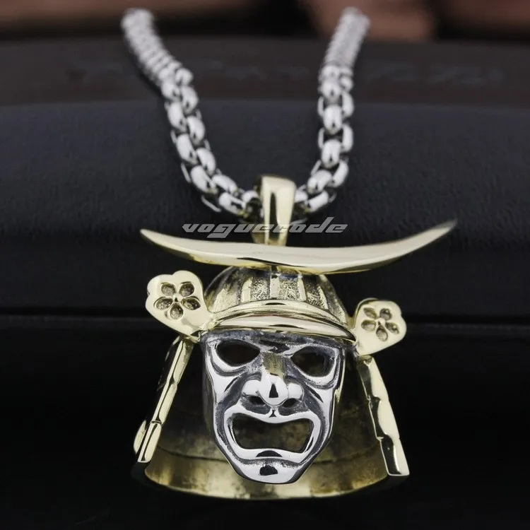 Brass Japanese Samurai Armor 925 Sterling Silver Face Mark Mens Pendant