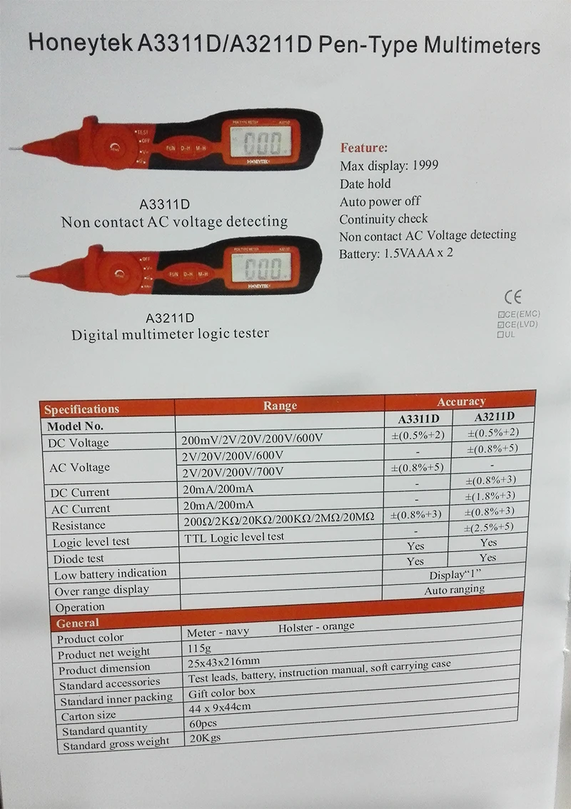 Высокое качество ручка мультиметр A3311D Ручка Тип метр Автоматический диапазон цифровой мультиметр AC/DC Детектор напряжения мультиметр ручка