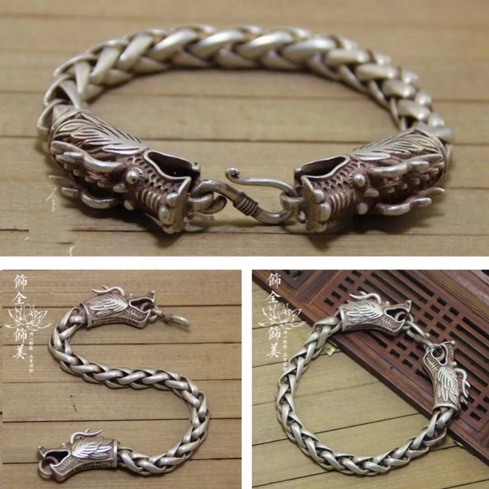 Последний стиль браслеты старое серебро ручной работы MIAO Carve Китай удача браслет с драконьей головкой