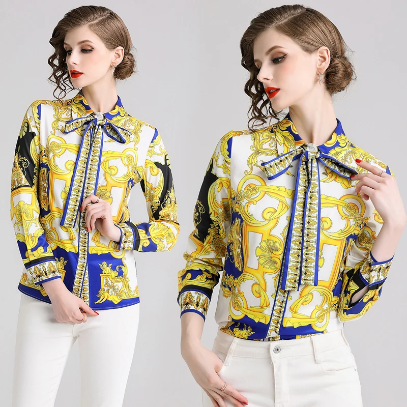 

2019 new women's print Bow blouse long-sleeved shirt vintage blouse