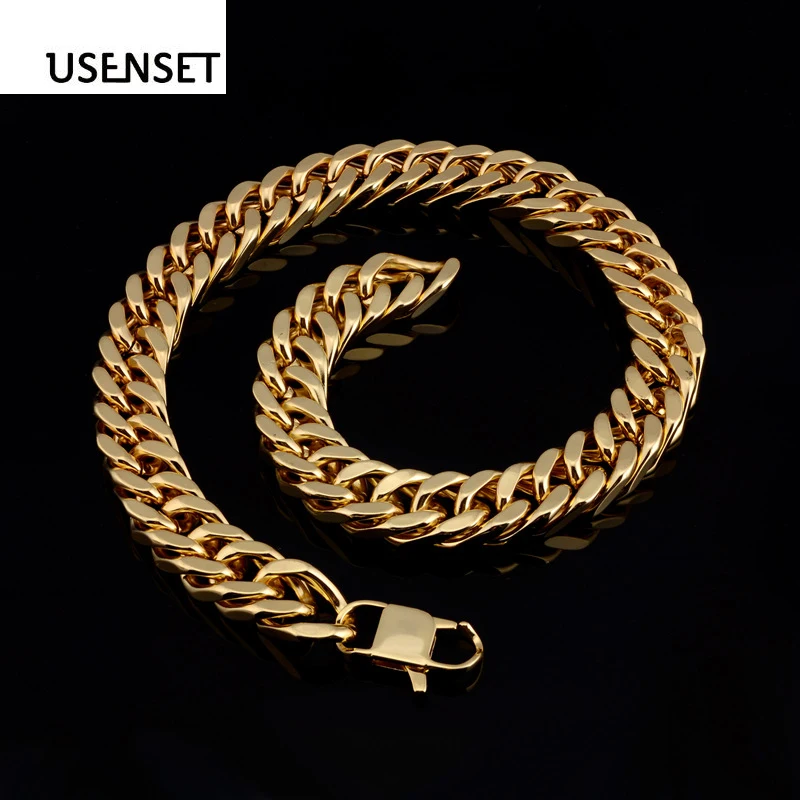 

USENSET Charm Stainless Steel Jewelry Round Grinding Chain Cuban Link Chain 12MM Big Men Chain Nameplate Necklace Gold Color