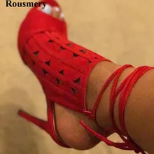 Новые модные женские туфли на шнуровке с открытым носком сапоги-гладиаторы замшевые вырез высокий каблук Летние ботильоны Модельные туфли