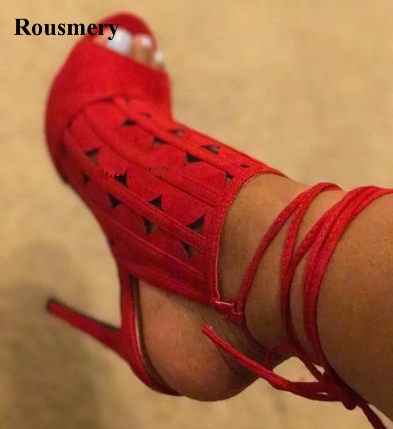 New Fashion Women Open Toe Lace-up Gladiator Boots Suede Leather Cut-out High Heel Summer Ankle Boots Dress Shoes New Fashion Women Open Toe Lace-up Gladiator Boots Suede Leather Cut-out High Heel Summer Ankle Boots Dress Shoes