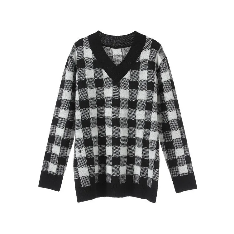 Осенний черно-белый клетчатый вязанный Топ свободный свитер с v-образным вырезом и длинными рукавами Модный женский комплект C162 - Цвет: sweater