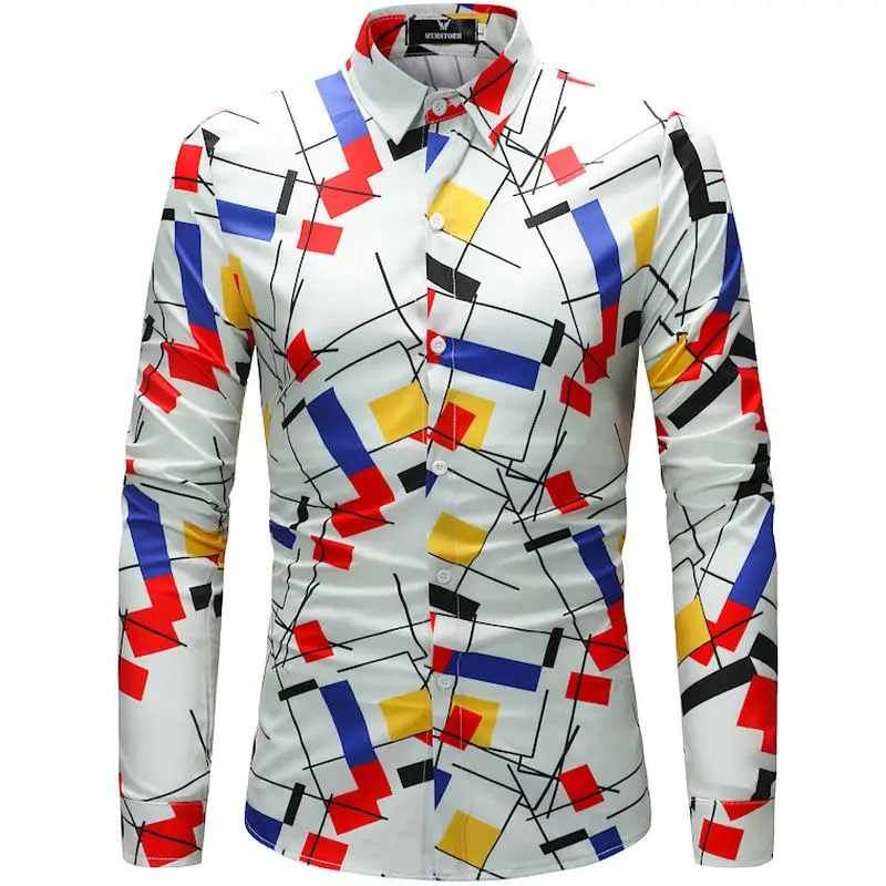 حار! 2018 الأزياء طويلة الأكمام الرجال القمصان عارضة خليط طباعة قميص الكتان الرجال ماركة عشوائي زائد حجم 4xl