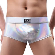 Men Boxer Shorts Sexy Male Low Rise PU Leather U Bulge Underwear Gay Party Club Boxers Shorts Bikini Underpants Cueca