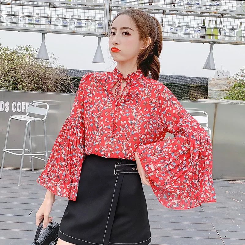 OllyMurs 2019 New Spring Summer Women Flare Sleeve Chiffon Shirts Woman Vintage Floral Printed Blouses Fashion Elegant Sexy Tops | Женская